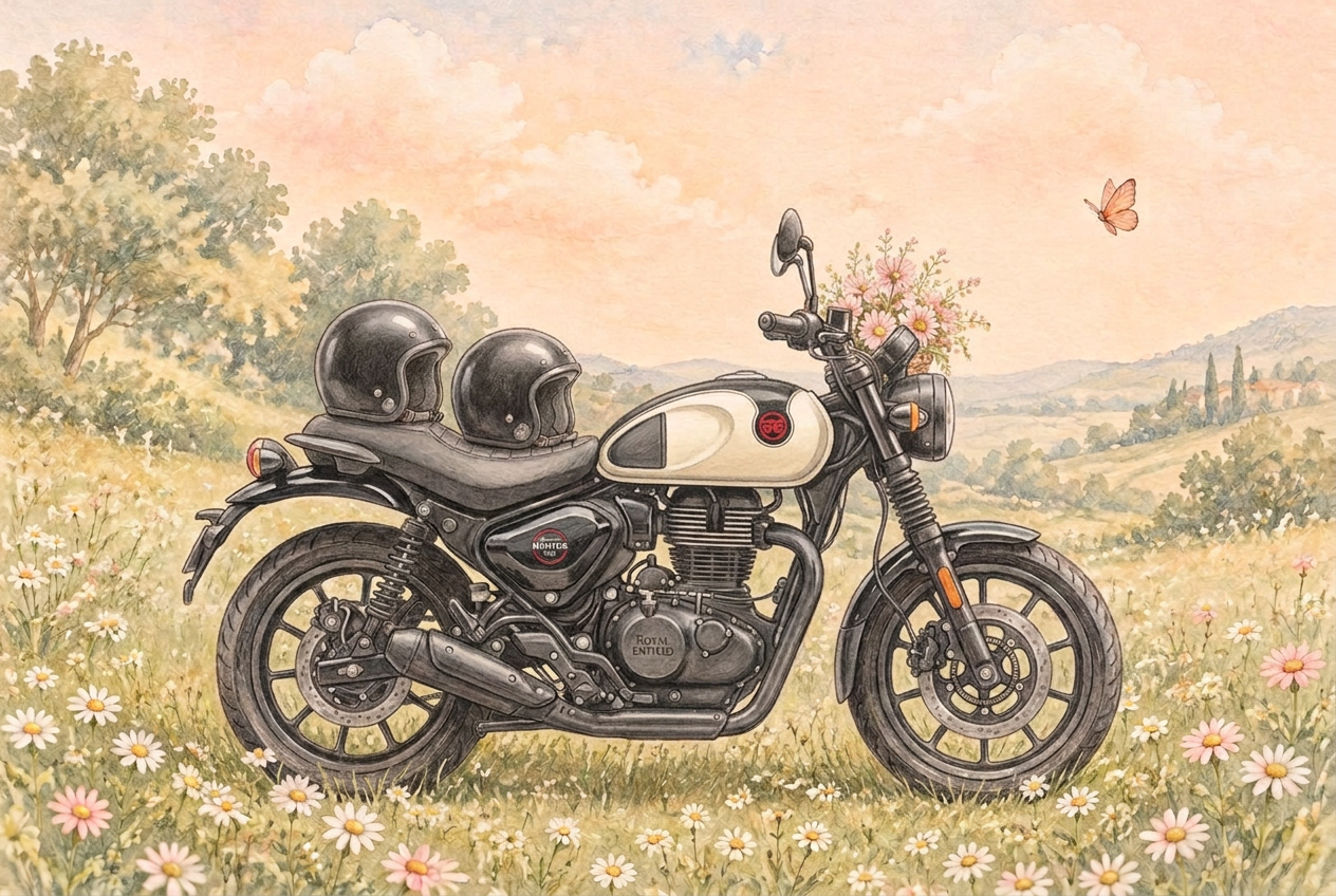 Ansh’s cream-and-black Hunter motorcycle illustrated with two helmets and flowers in a sunny meadow